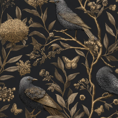 Papier de contact à peler et coller papier floral noir foncé à feuilles d'or Moody Vintage Flowers Butterflies auto-adhésif et amovible 24 po x 118 po (60 x 300 cm)