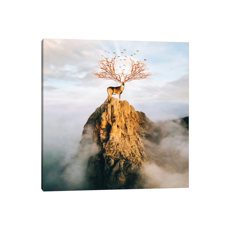 A Deer With Golden Antlers On Top Of A Mountain by Ievgeniia Bidiuk - Gallery-Wrapped Canvas Giclée on Canvas, Wrapped Canvas