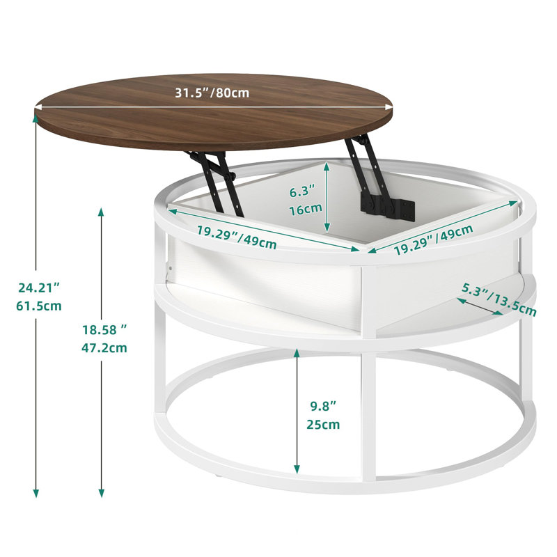 Table basse circulaire avec plateau relevable circulaire et rangement, Brun, Blanc