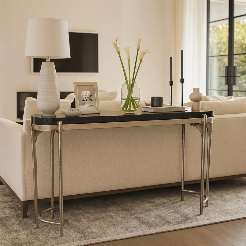 Contemporary Narrow Sofa Console Table With Quartz Top - Decorative Console Table For Entryway, Foyer, And Hallway Decor Accent - 54", Black