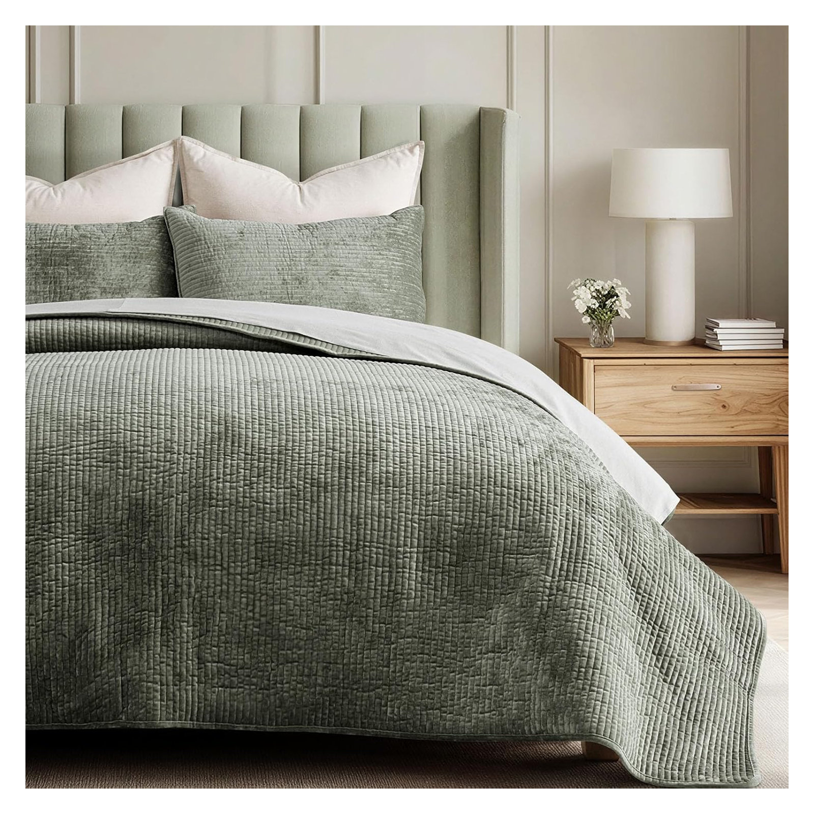 Striped Channel Velvet Quilt Set, Queen, Dried Thyme