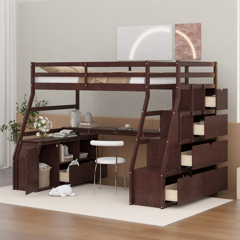 Illya Kids Twin Loft Bed with Drawers, Brown