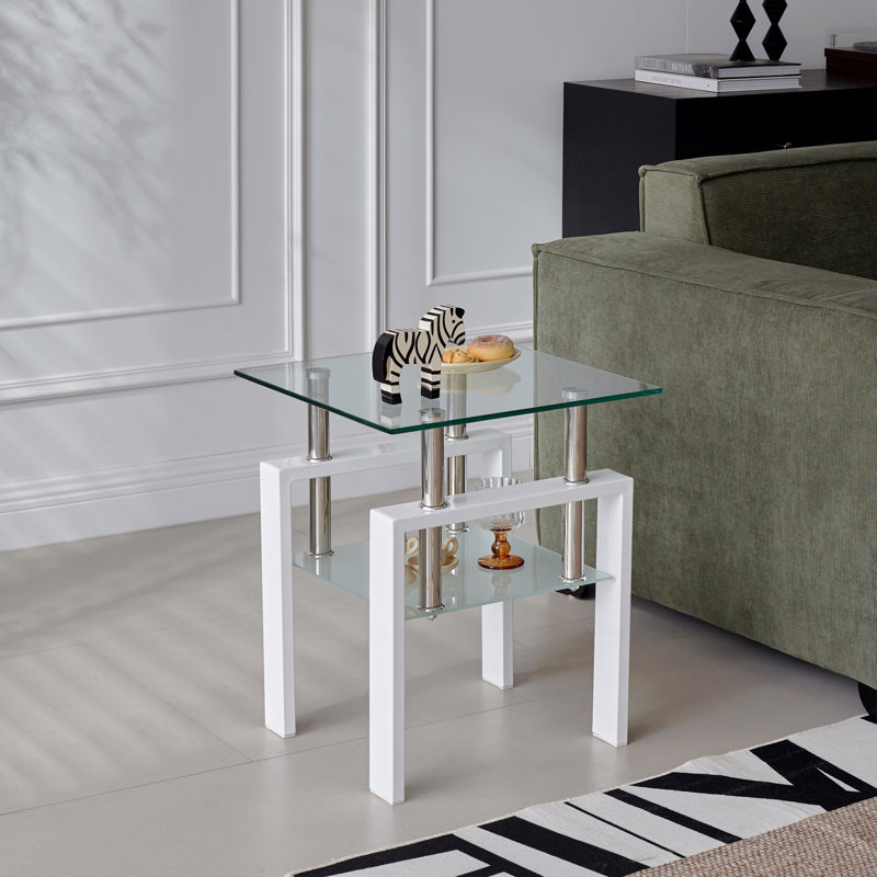 Table de bout en verre trempé blanc 2 pièces, 2 petites tables avec rangement, Clair, Blanc, 2