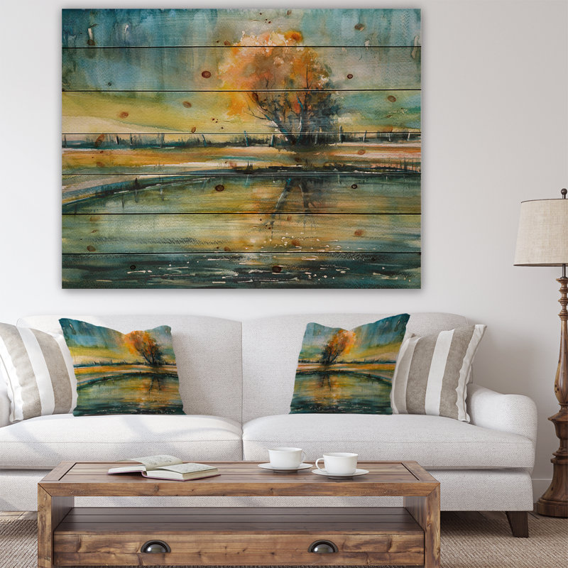 Autumn Lake - Peinture sur bois sans cadre, H 24 po x l 36 po x P 1 po