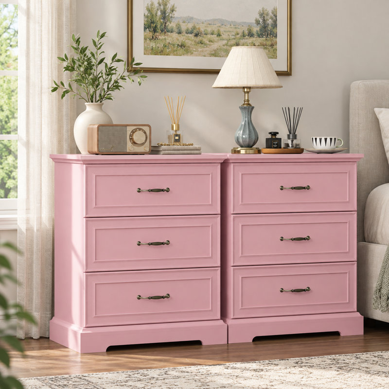 Ensemble de table de chevet à 3 tiroirs de 23,6 po avec 2 poignées en métal pour chambre à coucher, Pink