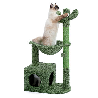 Cactus Cat Tree Condo 39.4" With Hammock, Tall Sisal Scratching Post For Indoor Medium Cats, Green