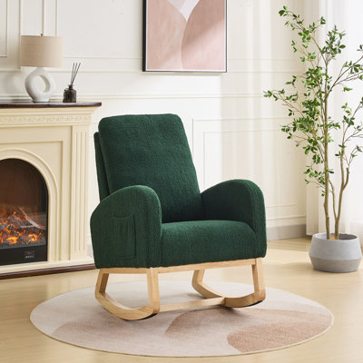 Chaise berçante l 27,2 po pour chambre de bébé, fauteuil coulissant Sherpa avec dossier haut et poche latérale, fauteuil berçant avec pieds en bois d'hévéa pour le salon / la chambre à coucher