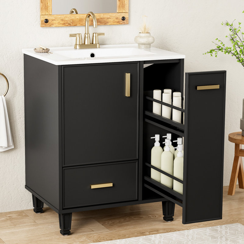 Meuble-lavabo avec tiroir, meuble-lavabo avec tiroir de rangement, meuble-lavabo moderne avec rangement, Noir