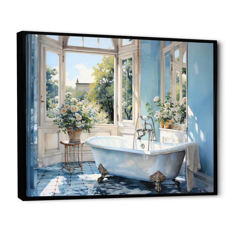«Bathroom Tranquil Reflections I» - décoration murale pour salle de bain, H 30 po x l 40 po x P 1,5 po, Cadre flottant noir