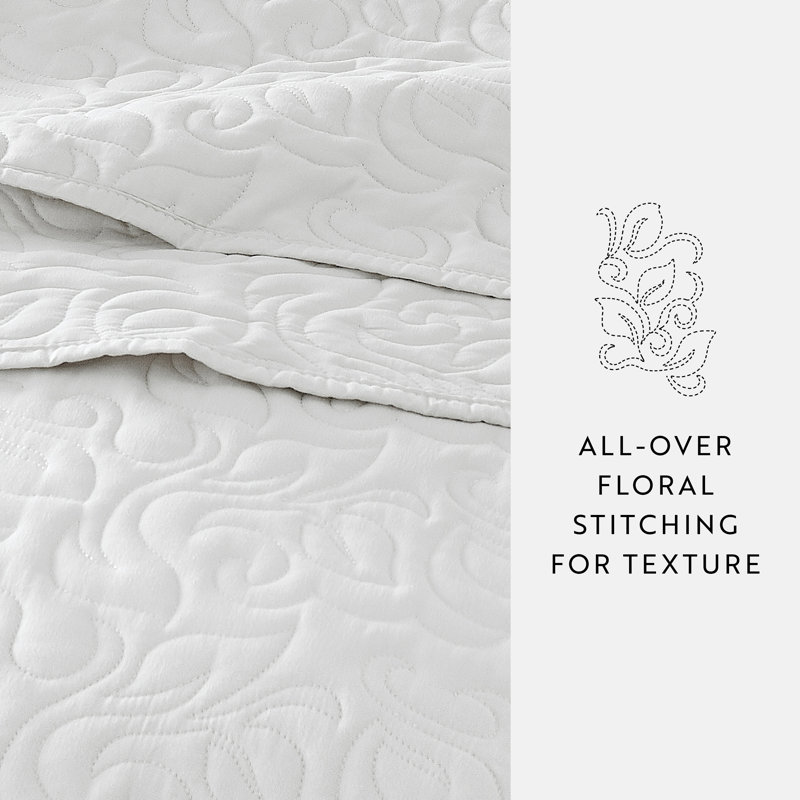 Becky Cameron Elegant Floral Stitching Quilt Set, King/Cal-King Quilt + 2 King Shams, White
