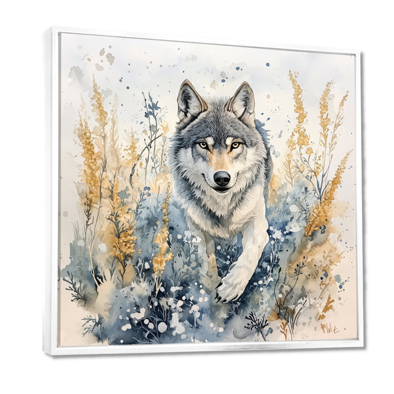 Loup qui court dans la prairie II - Décoration murale loup, Impression dans un cadre flottant sans passe-parto, Blanc