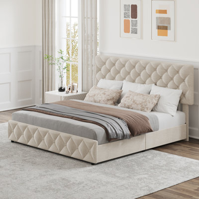 Full Size Upholstered Platform Bed Frame with Adjustable Diamond Button Tufted Headboard & 4 Storage Drawers, Linen Fabric, Sturdy Wooden Slats, No Box Spring Needed, Modern Bedroom Furniture - White