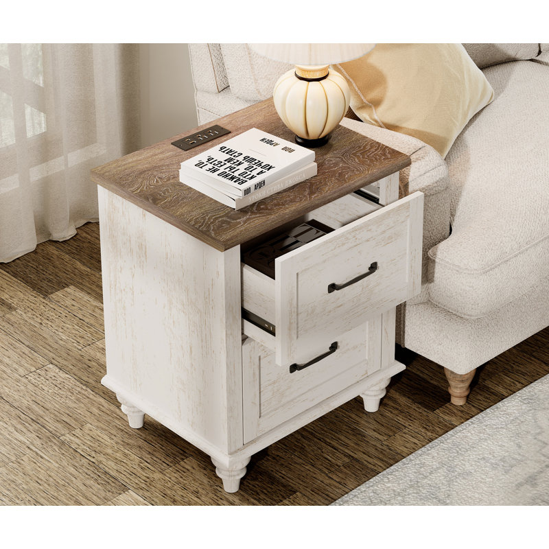 Table de chevet 2 tiroirs Aileas, Individuel, Blanc antique