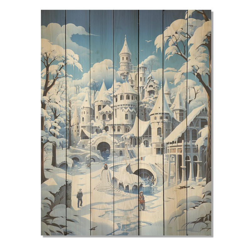 Paysage de village blanc d'hiver I - Forêt sur bois, H 20 po x l 10 po