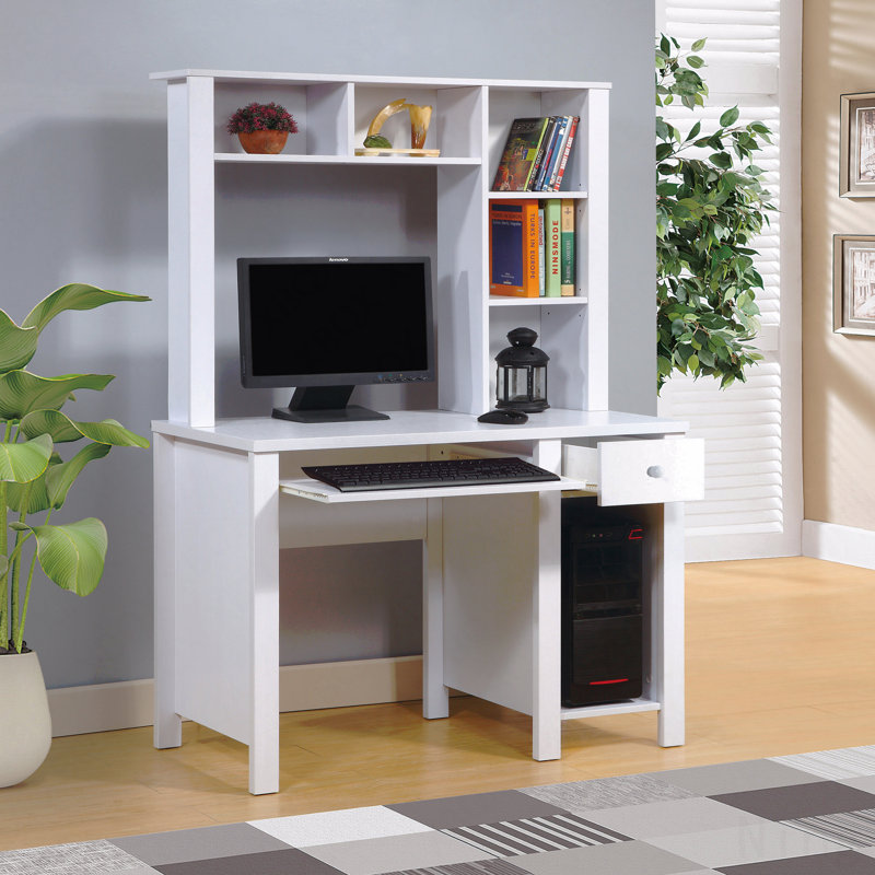 Bureau à domicile compact 39 po avec huche, bouton en bois blanc avec tiroir et clavier 39 po, White