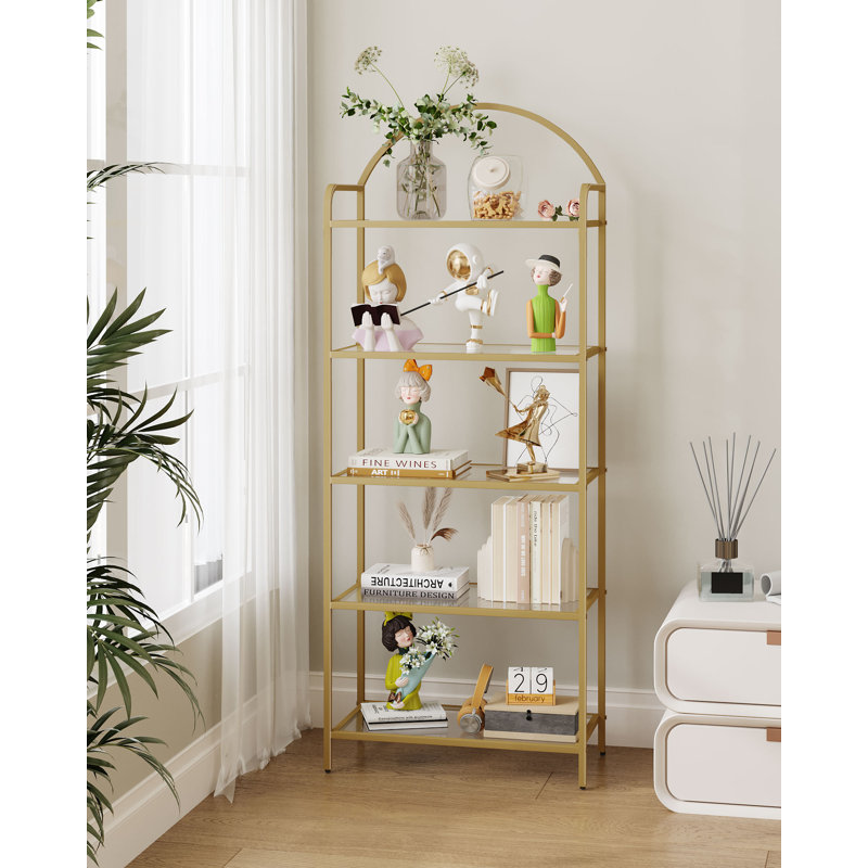 Bookcase Bookshelf, Tempered Glass Bookshelves, Slim Shelving Unit for Bedroom, Bathroom, Home Office, Steel Frame, 5 Tier Gold