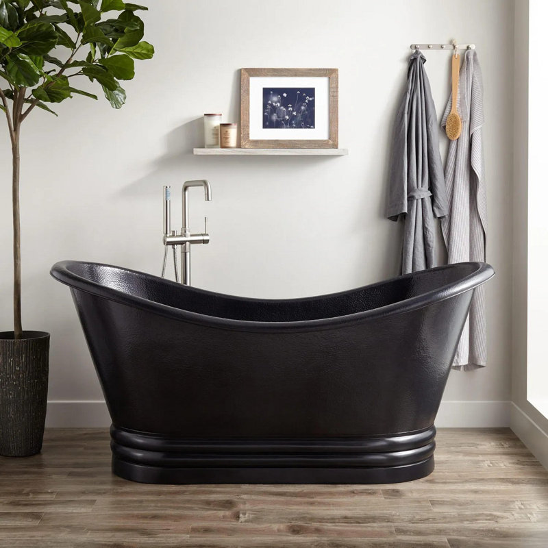 Raye 71" Copper Soaking Pedestal Freestanding Tub with Pre-Drilled Overflow Hole and Rolled Rim, Black