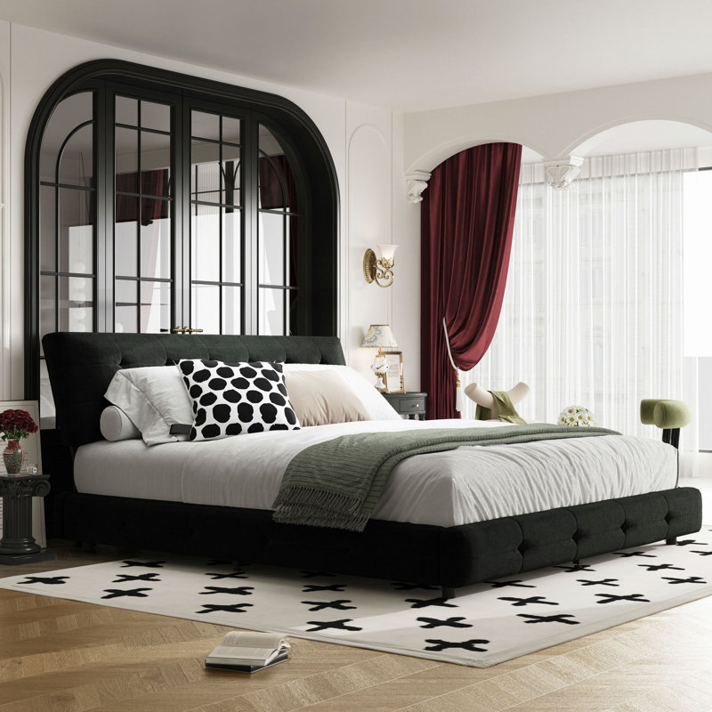 Structure de lit, tête de lit capitonnée avec un coussin extra-large, lit plateforme en chenille avec support double en lattes de métal et de bois, solide et stable, silencieux