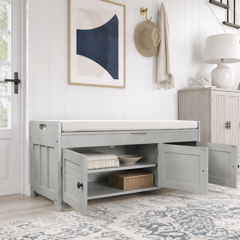 Banc de rangement avec 3 portes en forme de volet, Gris délavé