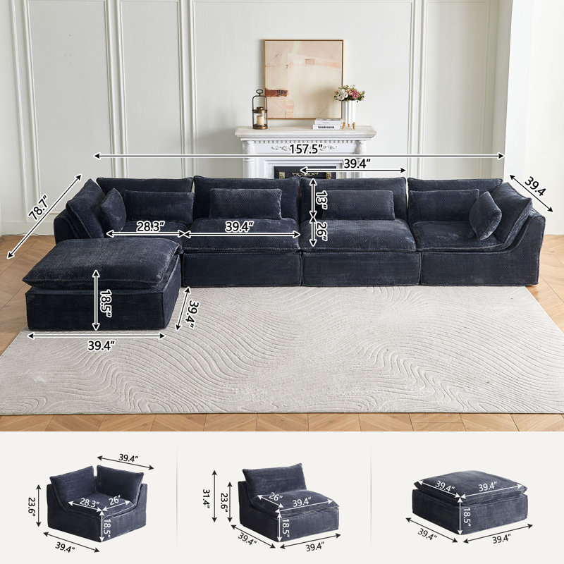 Canapé modulaire en forme de L 5 pièces de 151,7 po de largeur avec repose-pieds, Dark Gray Fabric