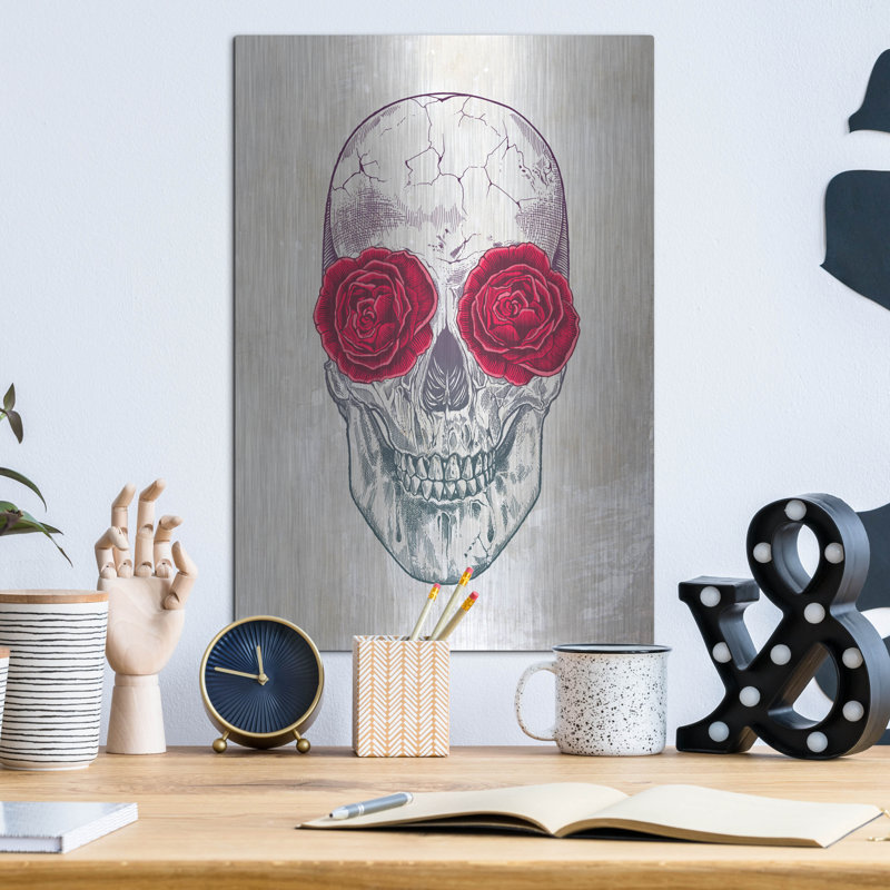 «Skull Roses», art mural en métal, H 16 po x l 12 po