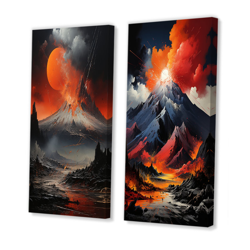 Volcano Explosion volcanique clair de lune - ensemble de salon d'art mural volcanique de 2, Toile tendue, H 28 po x l 25 po