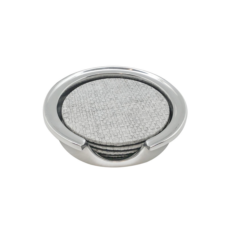 Pale Gray Faux Grasscloth Coaster Set with Holder