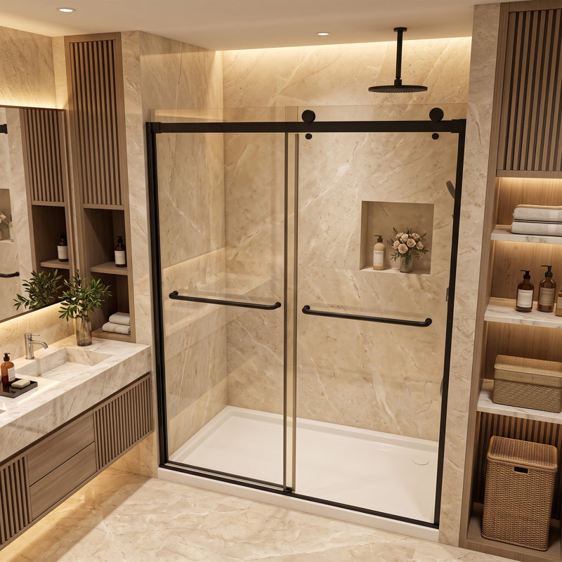 56-60" W x 76" H Sliding Shower Door | 6mm Clear Tempered Glass | Reversible Design | Easy-Adjust Roller System