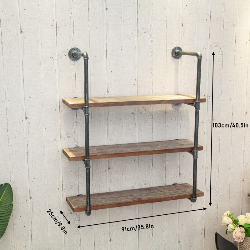 Industrial Retro Wall Mounted Iron Water Pipe Shelf/Bookcase/Shelving – Floating Shelf - Hung Bracket - DIY Storage Bookshelf – Height Adjustable Shelf - Wood Shelf (36In Width Three Tiers)