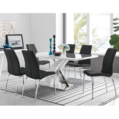 Marietta Chrome Metal and White High Gloss Dining Table Set - 6 Luxury Soft Touch Dining Chairs