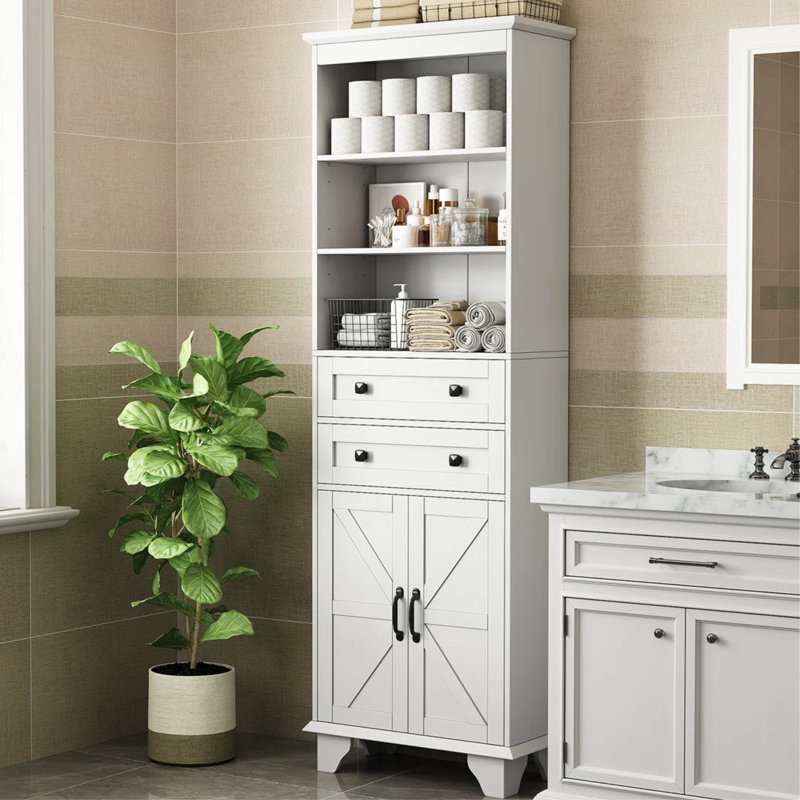  72''H Freestanding Bathroom Cabinet Wood Bathroom Storage Cabinet With 3 Adjustable Shelves & 2 Drawers, White