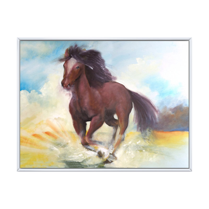 Cheval brun galopant - peinture sur toile, H 30 po x l 40 po, Cadre flottant blanc