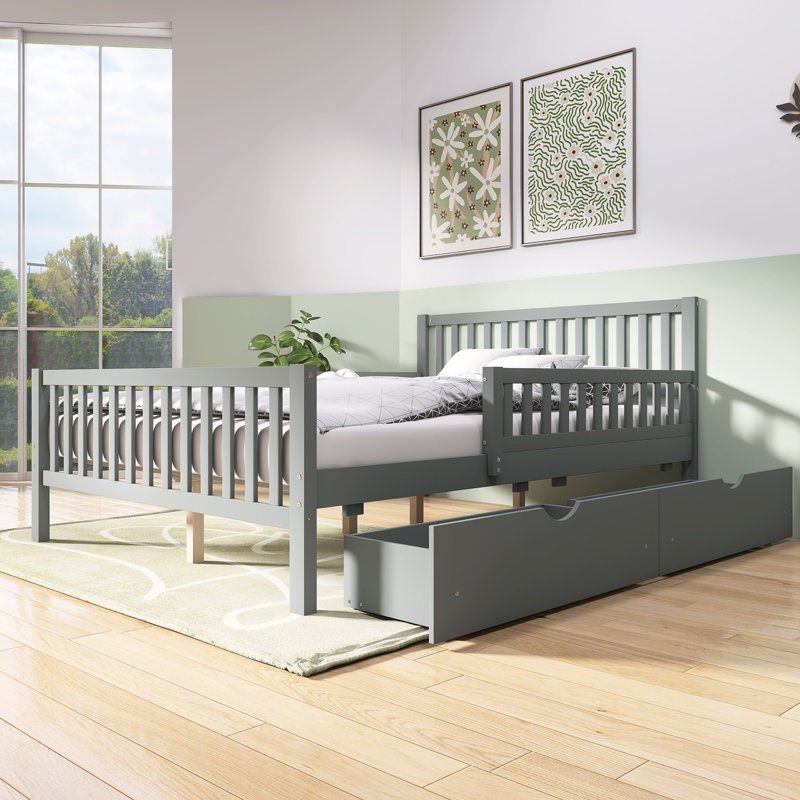 Lit plateforme en bois avec garde-corps et deux tiroirs de rangement, Gris