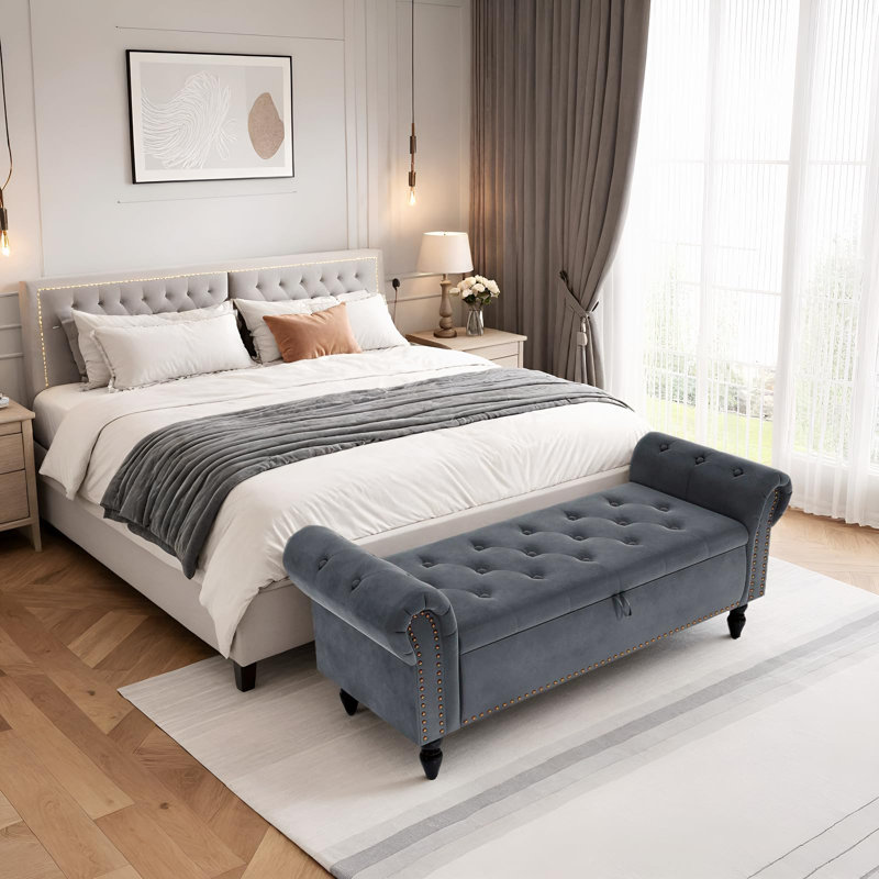 Velvet Upholstered Storage Bench, Grey