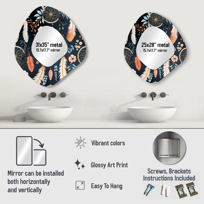 Dreamcatchers Boho Pattern II - Boho Unique Shape Unique Mirror, Brown Asymmetrical Large Wall Mirror, Printed Metal Art