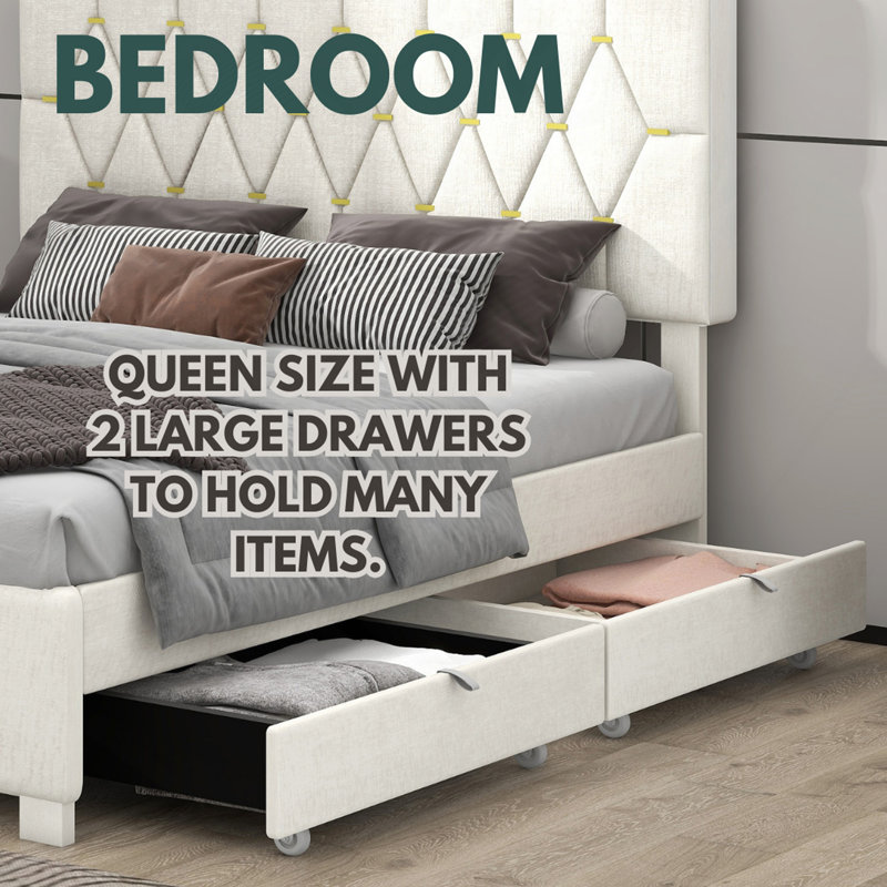 BEIGE GRANDE TAILLE TRONCLE TIRER LES TIROIRS RANGEMENT DE LIT DOUBLE AVEC RANGEMENT, PAS DE BOÎTE DE RESSORT