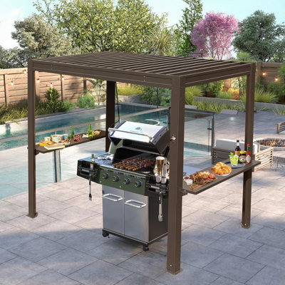 Pergola à persiennes 8 x 5 pi pour barbecue d'extérieur, pergola à toit rigide avec gouttière intégrée et toit imperméable réglable, abri de jardin en métal pour terrasse de patio