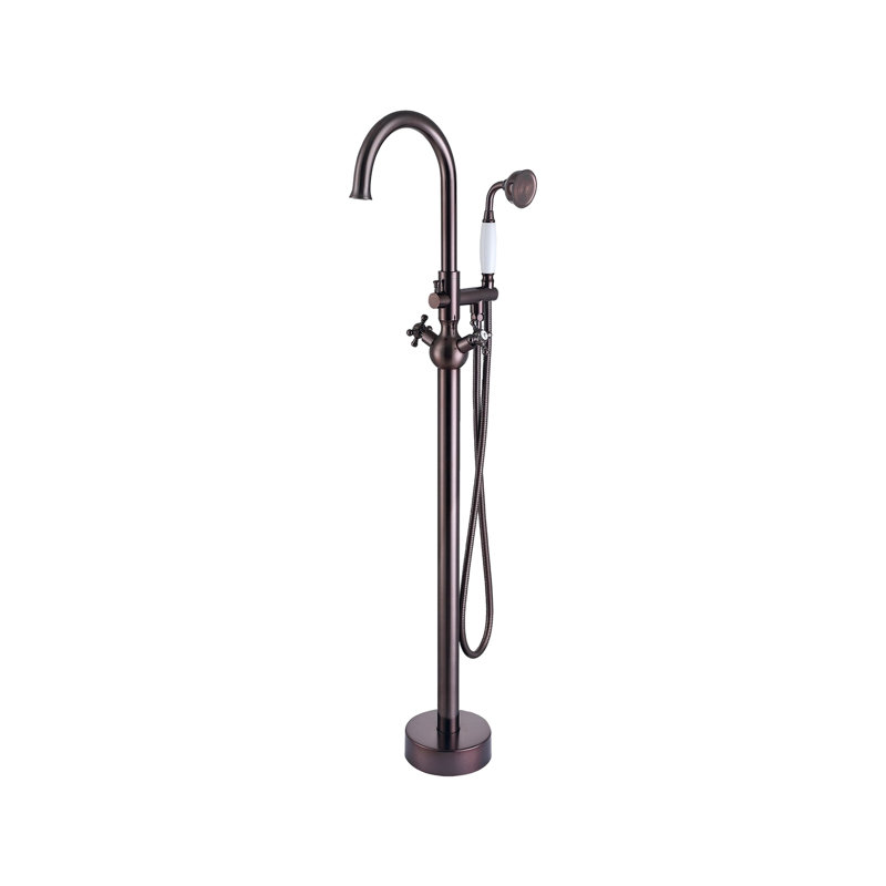 Robinet de baignoire à fixation au sol à triple poignée avec douchette, Bronze huilé