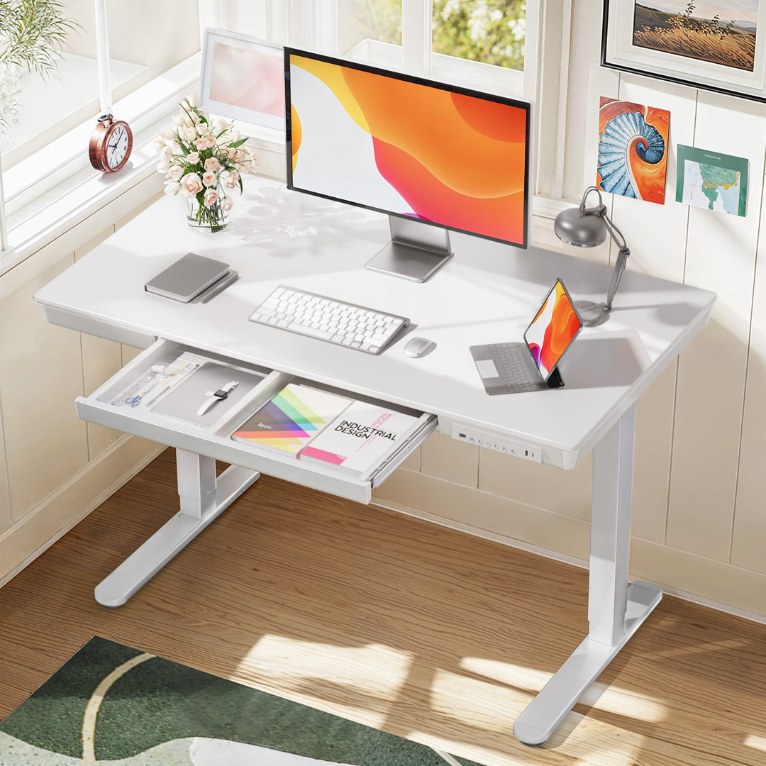 Flavio Height Adjustable Standing Computer Desk With Drawer and USB & Type-C Ports For Home Office Inbox Zero Top 