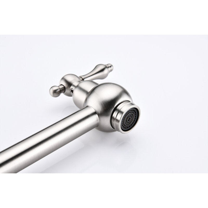Brushed Nickel Kitchen Pot Filler Faucet, Wall Mount With Folding Function, Double Handles For Easy Water Control, Surface Mounted Faucet In Nickel, 360 Rotation And Folding, Precise Release, Material
