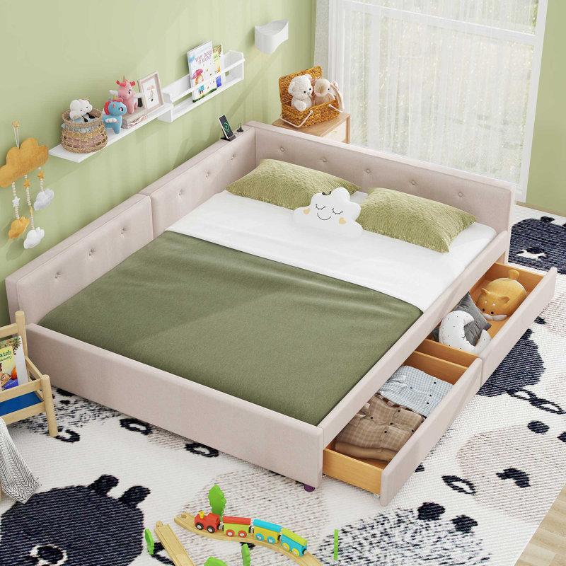 Upholstered Daybed With With Drawers, Queen, Beige