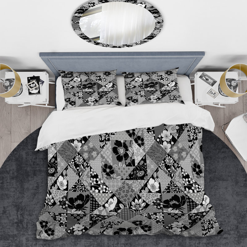 Silver And Black Patchwork Polyester Patchwork Duvet Cover, King Duvet Cover + 2 King Shams