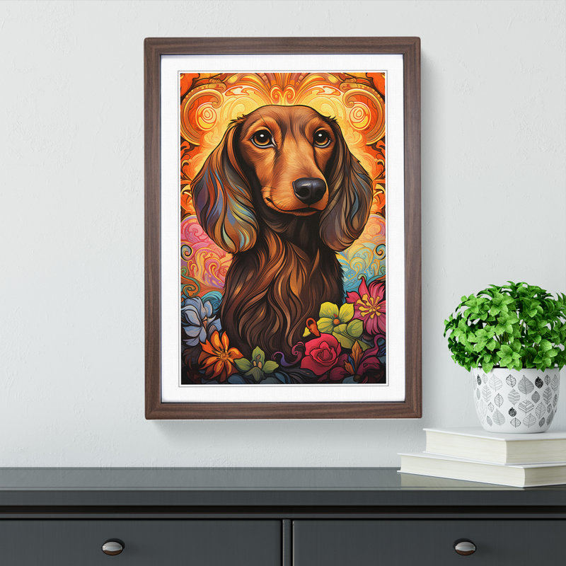 Dachshund Nouveau Framed Print, 34cm H x 25cm W x 2cm D, Walnut Framed