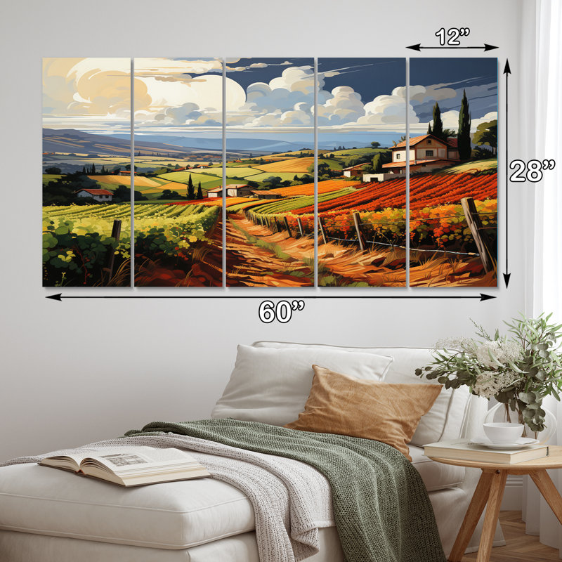 Vineyard Rows Of Ruby Landscape - ferme impression sur toile - 5 panneaux égaux