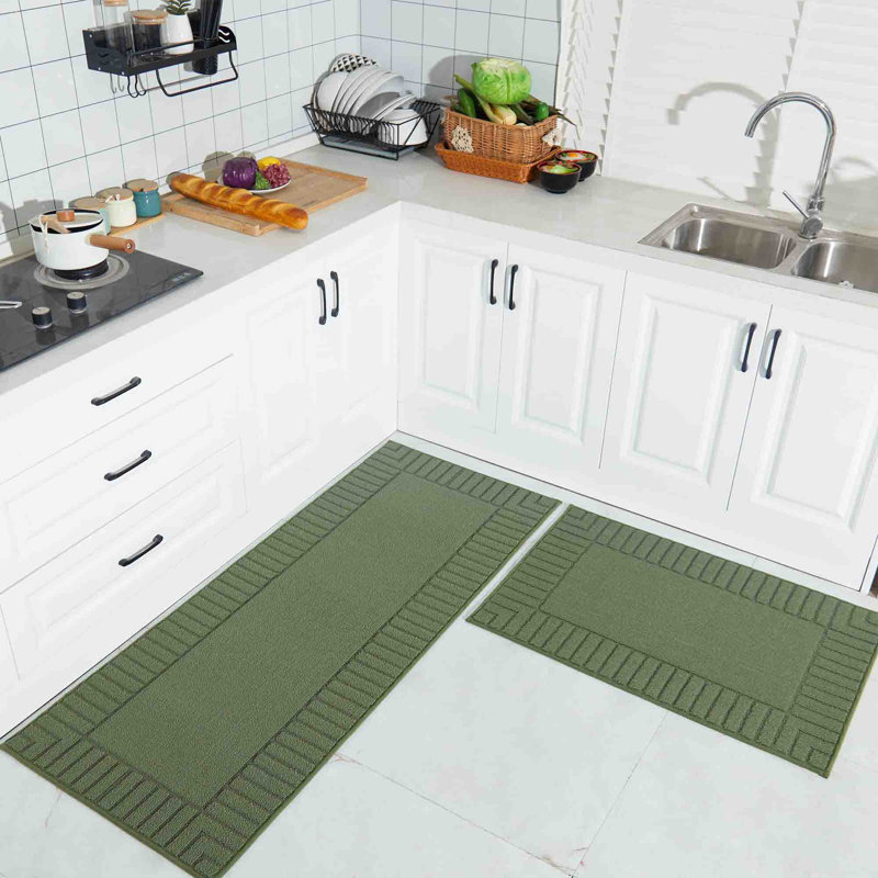 Green Rectangular Non-Slip Synthetic Kitchen Mat Set