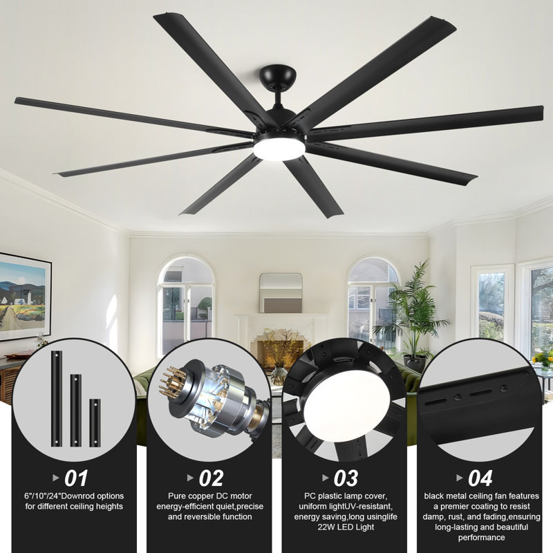 84 in, Indoor Industrial Black Ceiling Fan with LED Light