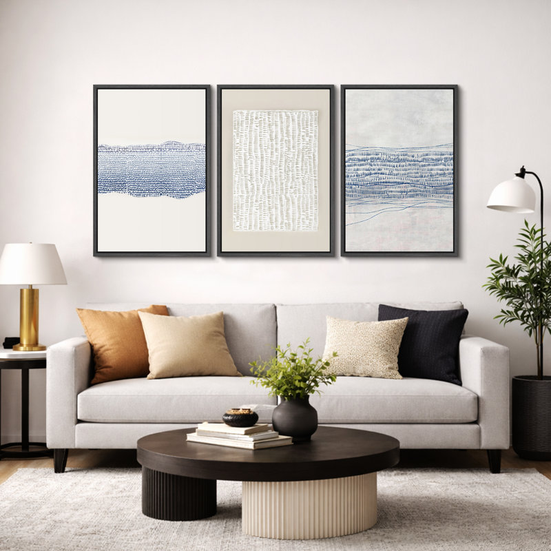 Geometric Line "Grunge Beige Blue Abstract Artwork, Modern Neutral Minimalist Wall Pictures, Large Framed Canvas Giclee Print 3 Pieces Wall Art" 16x24x3 pcs, 24x36x3 pcs
