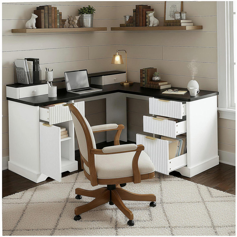 Bureau en L 59 po cannelé avec station de charge et armoire de rangement 59 po Modern, Noir / blanc