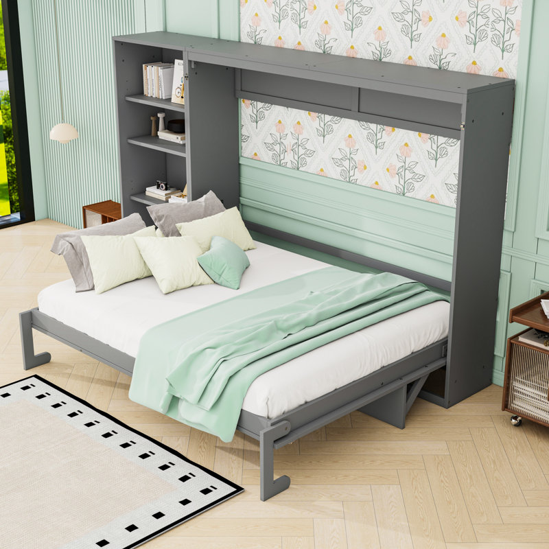 Grand lit escamotable en bois avec tablettes et 1 tiroir, gris