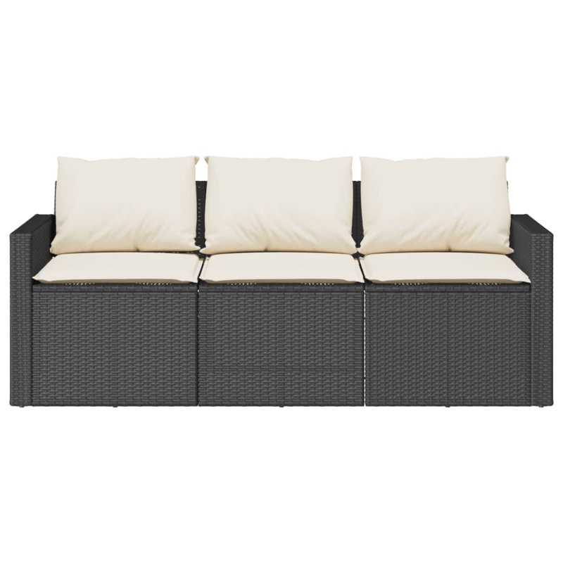 Ebern Designs Patio Sofa With Cushions 3-Seater Poly Rattan, Cream White, Black